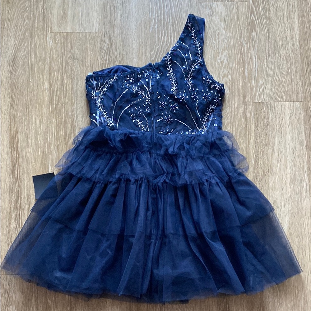 MOVING SALE - Fanciful Charm Navy Mesh Beaded Tiered One-Shoulder Mini Dress - Picture 3 of 4